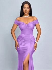 SOLERSUN Đầm Maxi hở vai màu trơn tay ngắn xẻ ngực thanh lịch cho nữ - Màu tím hoa cà - Xem 5