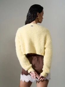AiiRZ Fuzzy Knit Cropped Cardigan Fluffy Sweater Winter Fall Soft Cozy Warm Long Sleeve Casual Short Crop Top Outerwear - Yellow - View 2