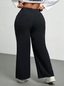 SHEIN ICON 大码女式口袋阔腿宽松休闲百搭牛仔裤 - 黑色 - 查看 2