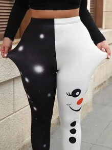 SHEIN LUNE Quần legging thun co giãn cao in họa tiết Giáng sinh cỡ lớn cho nữ, mùa đông - Đen và trắng - Xem 3