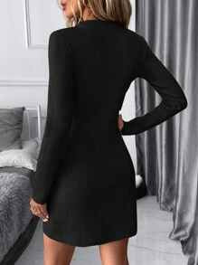 SHEIN Clasi 女士优雅通勤纽扣装饰短款针织毛衣裙秋冬 - 黑色 - 查看 2