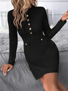 SHEIN Clasi 女士优雅通勤纽扣装饰短款针织毛衣裙秋冬 - 黑色 - 查看 7