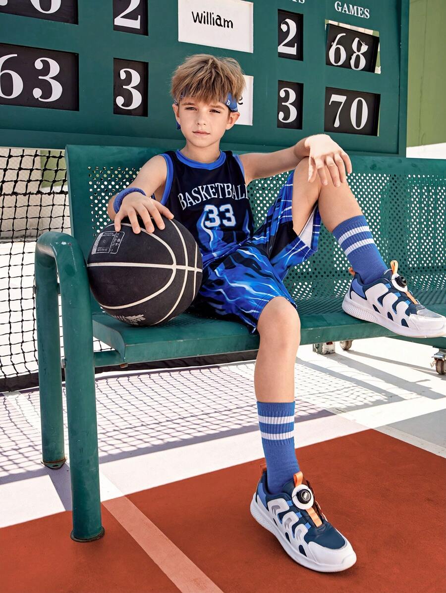 SHEIN 青少年男孩运动套装篮球球衣背心字母印花速干透气夏季训练服 - 彩色 - 查看 1