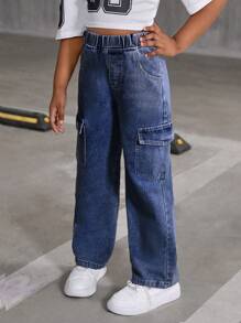 Tween Girl Fashion All-Match Loose Fit Wide Leg Washed Denim Cargo Jeans, Casual And Versatile To Wear Everyday