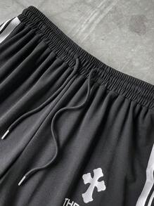 Manfinity EMRG Pantalones de chándal casuales para hombre con unicolor, parches, cordón delantero y estampado gráfico de letras, para ir de vuelta a la escuela, ideal como regalo para el esposo o novio