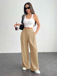 SHEIN PETITE Quần Palazzo cơ bản đơn giản hàng ngày màu trơn dành cho nữ - Màu Khaki - Xem 3