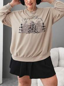 SHEIN CURVE+ Plus Size Women Casual Leopard Print Christmas Tree & Slogan Graphic Loose Crew Neck Long Sleeve Sweatshirt, Suitable For Christmas, Fall And Winter
