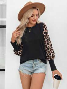 SHEIN LUNE Women Textured Waffle Knit Long Sleeve Leopard Print Cuff Button Top, Suitable For Autumn & Winter