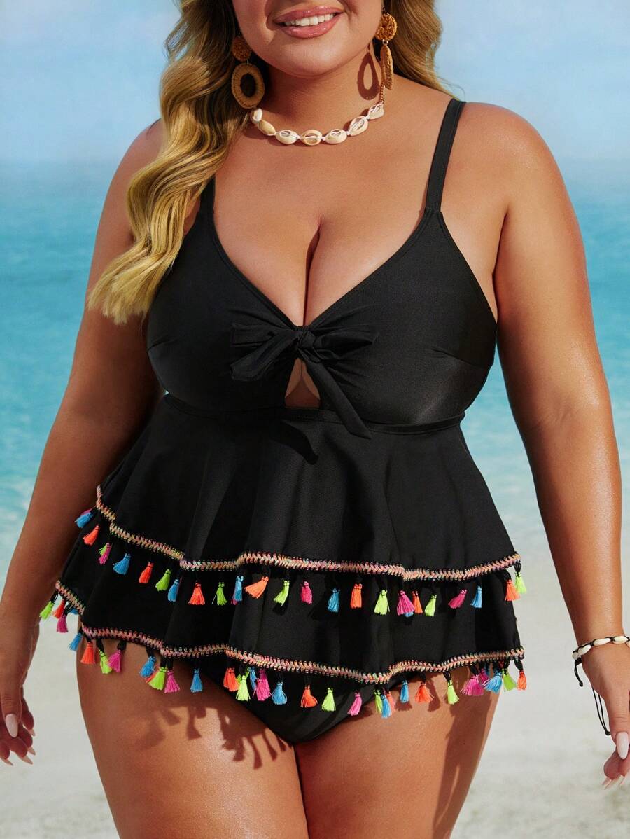 Swim Lushoire Bộ đồ bơi Tankini 2 mảnh màu trơn cỡ lớn mùa hè - màu đen - Xem 1