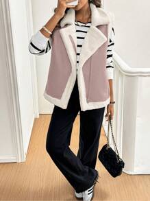 SHEIN Frenchy Chaleco con forro térmico de solapa holgado y casual con cremallera para mujer, abrigos largos de mujer de otoño e invierno para la temporada de otoño