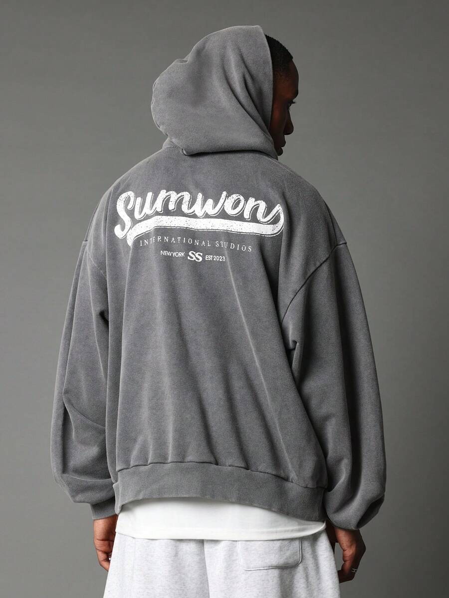 Sumwon International Studios Premium Pullover Hoodie Retro Varsity Design Fall Winter Cozy Casual Streetwear New York Cotton Blend Athletic - Grey - View 1