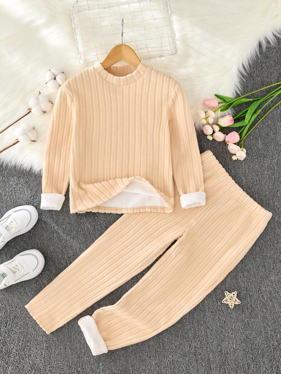 SHEIN Tween Boy Autumn/Winter Simple Mock Neck Drop Shoulder Long Sleeve & Long Pants Soft Comfortable Fuzzy Interlock Sweatshirt 2Pcs Pajama Set - Khaki - View 1
