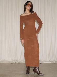 AiiRZ Ribbed Knit Off Shoulder Maxi Sweater Dress Long Sleeve Winter Fall Autumn Bodycon Evening Holiday Party Formal - Brown - View 5