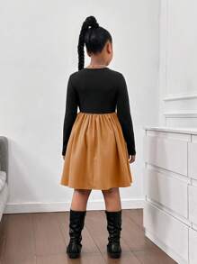 Tween-Mädchen Lässiges A-Linien-Kleid mit Farbblock-Patchwork und Rundhalsausschnitt und langen Ärmeln