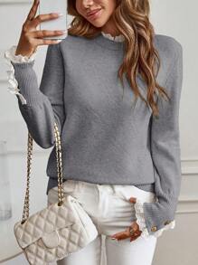 SHEIN LUNE Áo len nữ đơn giản, màu trơn, phối họa tiết chắp vá, trang trí cúc, kiểu dáng thường ngày, thích hợp mặc mùa thu đông. - Xám - Xem 4