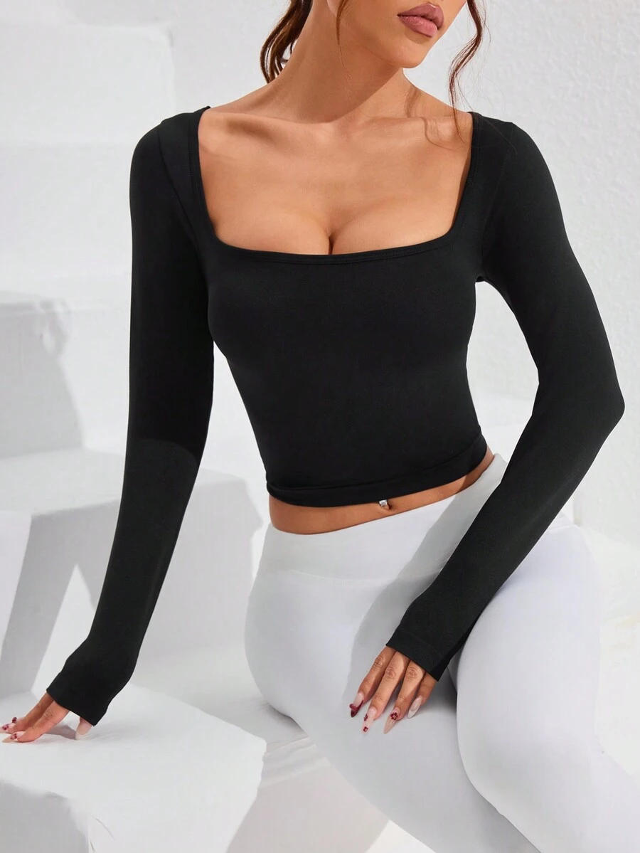 Camiseta de base de manga larga para mujer, top ajustado negro con estiramiento - Negro - Ver 1