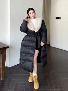 Flirla 大码女式拼布毛绒领长袖长款休闲加厚棉衣，冬季保暖服装 - 黑色 - 查看 4