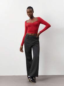 Lunelith SHEIN Lunessa 1pc Office Lady Black Striped High Waist Straight Leg Trouser, Fashion Formal Workwear, Autumn/Winter