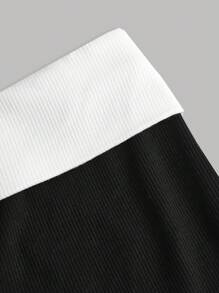 SHEIN Pantalon évasé casual en tricot côtelé à la taille pliante, contraste noir et blanc. Style de rue pour la rentrée scolaire, pour adolescentes. - Noir et Blanc - Voir 3
