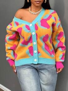 Slaydiva Leopard Print Loose Fit Crew Neck Long Sleeve Women Sweater, Winter
