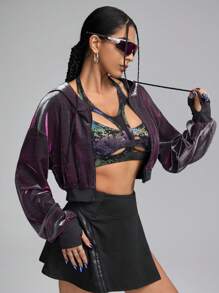 Innovista 金属面料紫色变形运动夹克、女式连帽衫、运动上衣、运动短款上衣、运动服、女式网球服、Y2K 服装、电子派对夹克、外出上衣 - 紫色 - 查看 6