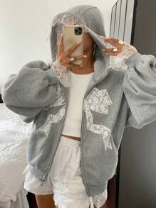 DAZY 女士蝴蝶结蕾丝印花宽松毛绒连帽卫衣，秋冬季保暖拉链外套 - 灰色 - 查看 10