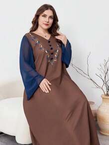 Al Najma Váy dài tay loe họa tiết hoa cỡ lớn cho nữ, phong cách Abaya, váy dài Ả Rập giản dị, mặc thường ngày/ở nhà - màu nâu - Xem 5