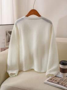 SHEIN Frenchy Áo len cardigan dáng rộng đơn hàng cỡ lớn cho nữ tay dài màu trơn, đơn hàng khuy, mùa thu/đông - Màu be - Xem 4