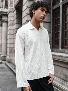 Manfinity VCAY Áo thun polo tay dài dáng rộng thoải mái hàng ngày cho nam, thời trang dệt kim trơn, dành cho bạn bè - trắng - Xem 4