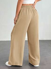 SHEIN PETITE Quần Palazzo cơ bản đơn giản hàng ngày màu trơn dành cho nữ - Màu Khaki - Xem 2