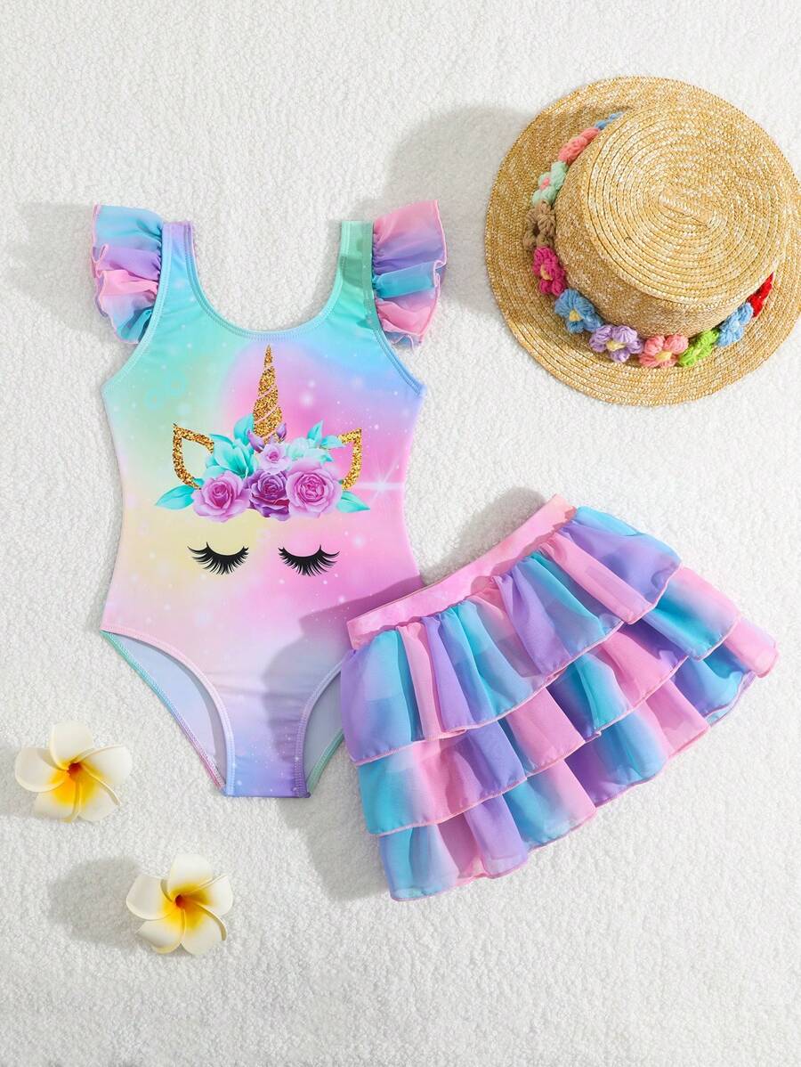 Sparklyn 2pcs Cute Unicorn Cartoon Print Young Girls Swimsuit, Consisting Of Mesh Splicing Ruffle Hem Swimsuit & Tie Dye Ruffle Trim Cover-Up Skirt, Adorable Girls Beach Outfit Summer Holiday - Multicolor - View 1