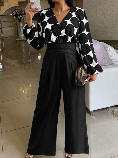 SHEIN Plus Size Solid Color Patchwork V-Neck Long Sleeve Casual Jumpsuit, Random Print Fall Cloth For Women