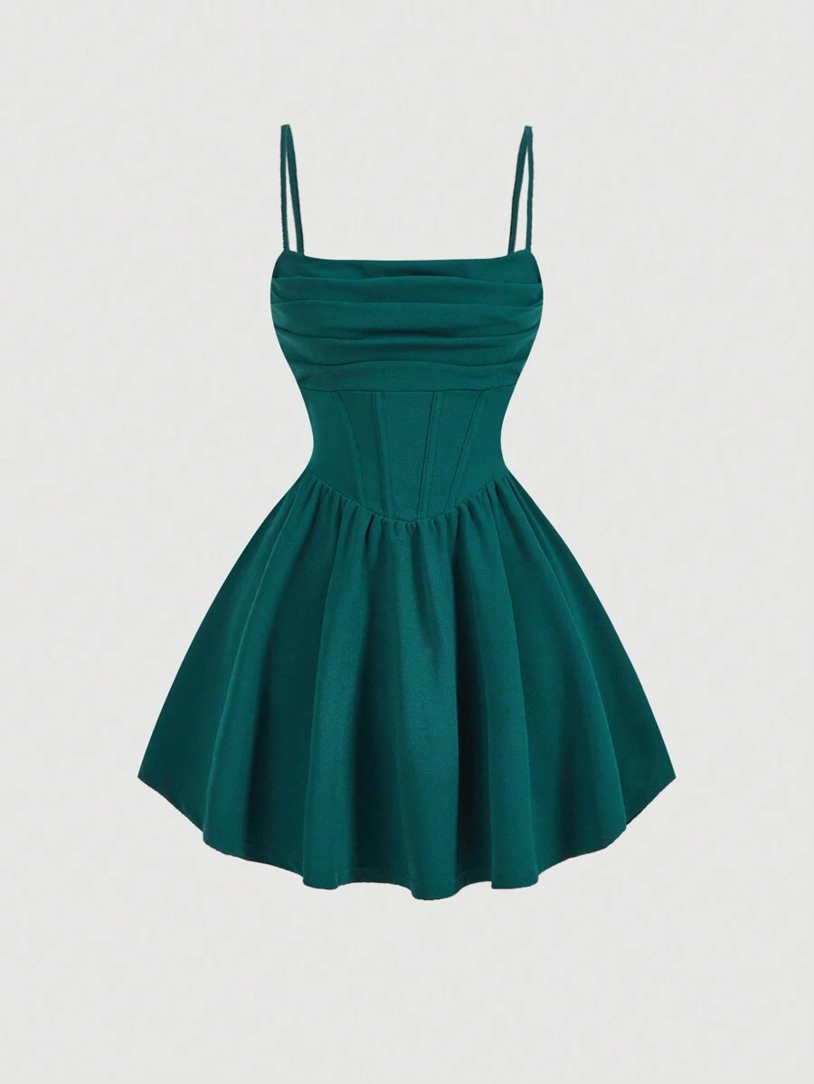 SHEIN MOD Solid Ruched Cami White Corset Structure Summer Dress - Dark Green - View 1