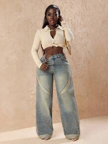 Slaydiva Jeans de denim casuales con bolsillo y botones delanteros para mujer, estilo minimalista - Azul - Ver 7