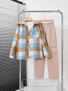 SHEIN Conjunto De 2 Peças De Jaqueta Xadrez Com Capuz E Calça Casual Decorada Com Bolso Para Meninos Com Idade De Transição
