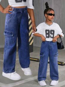 Tween Girl Fashion All-Match Loose Fit Wide Leg Washed Denim Cargo Jeans, Casual And Versatile To Wear Everyday