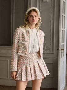 Enchnt Spring/Winter Romantic Women's Sweet Elegant Plaid Exquisite Faux Pearl Decor Long Sleeve Short Fancy Yarn Tweed Jacket,Sweet&Elegant Princess Outfit For Valentine's Day&Christmas Party&New Years&Birthday&Holiday &Sweet Date Night - Pink - View 6