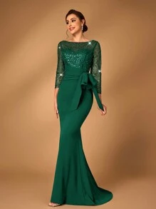 Serin Váy cưới dài đuôi cá quyến rũ thanh lịch, tay dài, đính cườm và sequin, cạp chun, thiết kế nơ xếp nếp, eo cao dành cho mẹ cô dâu - Màu xanh lá cây đậm - Xem 4