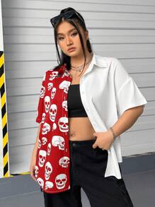 SHEIN EZwear Plus Size Solid Color Patchwork Front Button Short Sleeve Casual Shirt - Red - View 5