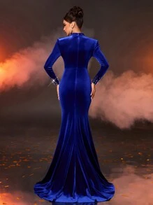 Glamrae Elegant Navy Velvet Long Sleeve Evening Gown With Padded Shoulders, Waist Pleats And Fish Tail Train, Formal Prom Dress, For Wedding Guest, Graduation, Dinner, Party Dress