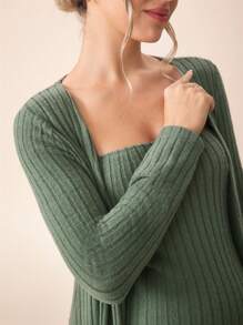 SHEIN Olive Ribbed Sleeveless Dress With Cardigan Maternity 2 Pieces Set, Autumn - Green - View 8