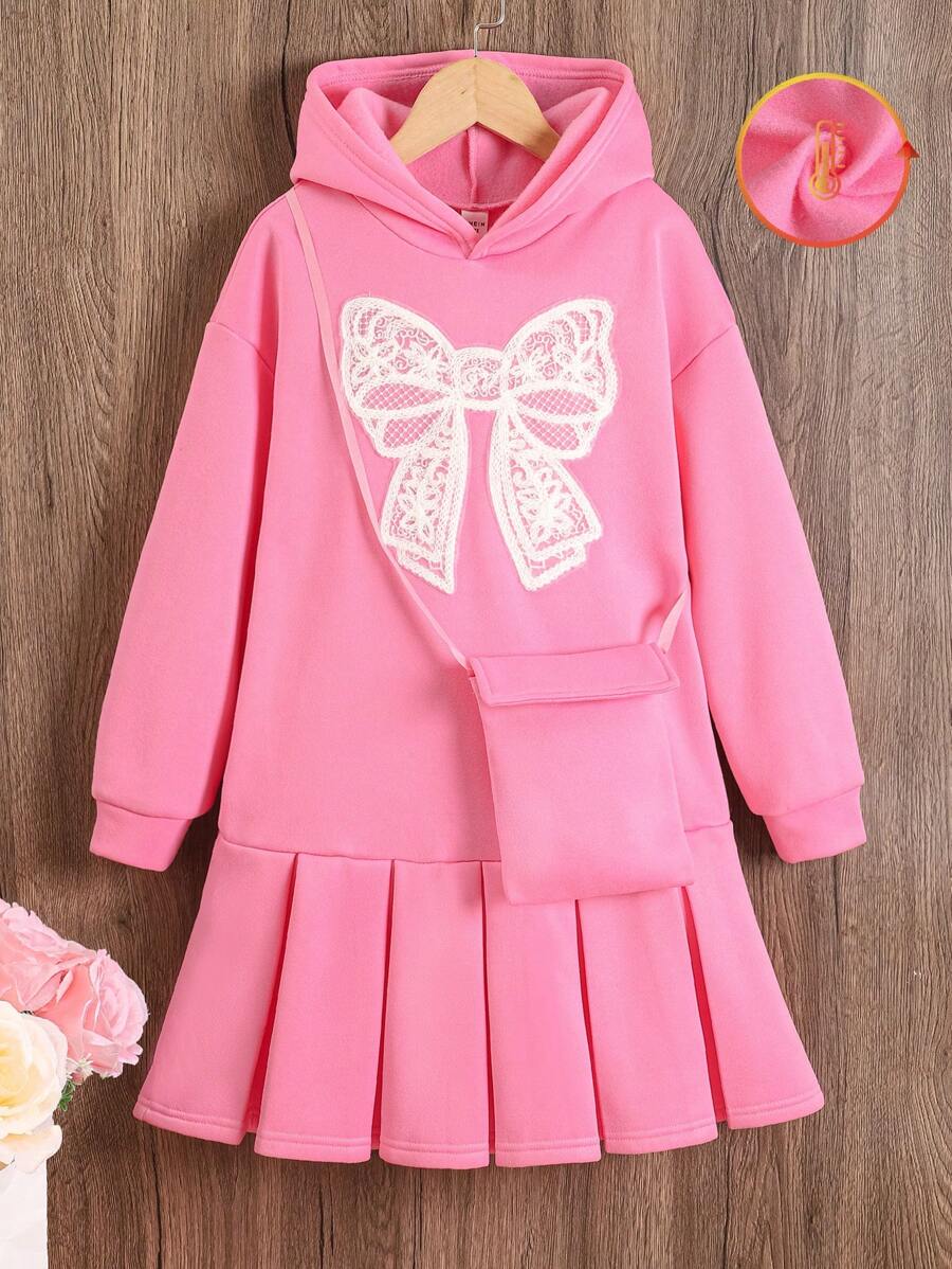 SHEIN 2 Stücke/Set Tween-Mädchen Rüschchen-Applikation besticktes rosa Kapuzenkleid mit 1 Stück Umhängetasche Geschenkset - Pink - Übersicht 1