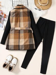 SHEIN Leap Crew Teen Girls 3-Piece Vintage Elegant Outfit Set: Khaki Checked Cinched Vest, Black Knitted Turtleneck Top, Black Leggings For Winter, Holiday, New Year's Eve - Coffee Brown - View 2