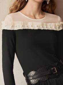 MOTF PREMIUM CONTRAST YOKE FAUX PEARL FRILL TRIM SLIM FIT TOP - Black - View 3