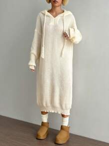 Flirla Women's Solid Color Drop Shoulder Long Sleeve Hooded Loose Casual Sweater Dress For Autumn/Winter - Apricot - View 3