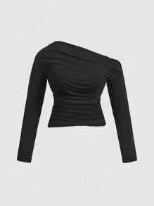 SHEIN MOD Plus Size Vintage Sweet Romantic Pleated Decor T-Shirt - Black - View 1