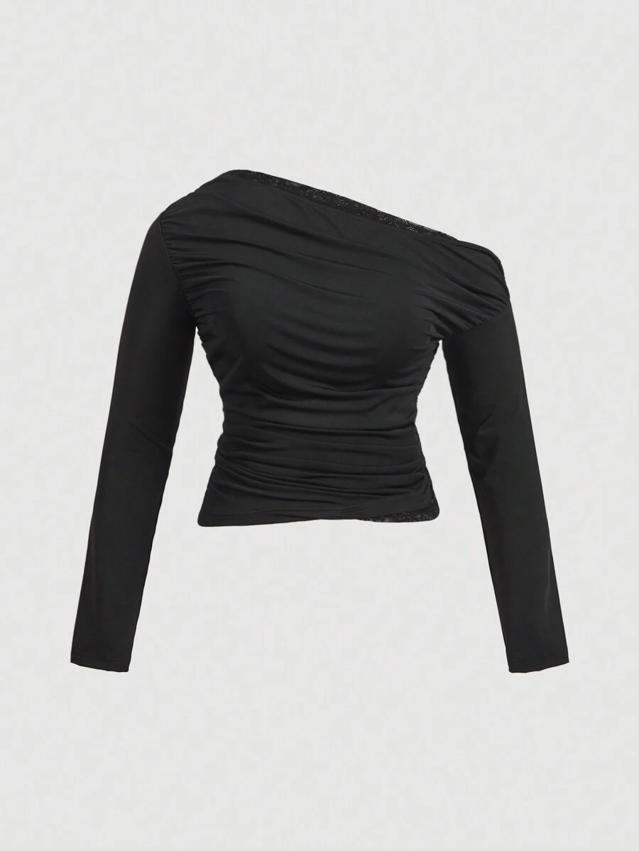 SHEIN MOD Plus Size Vintage Sweet Romantic Pleated Decor T-Shirt - Black - View 1