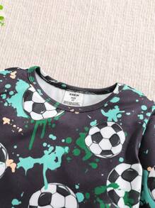 SHEIN Set de 2 piezas para niño pequeño que incluye camiseta de manga larga cuello redondo con gráfico fluorescente de fútbol ajustada y pantalón de pijama, un conjunto de ropa de dormir cómoda