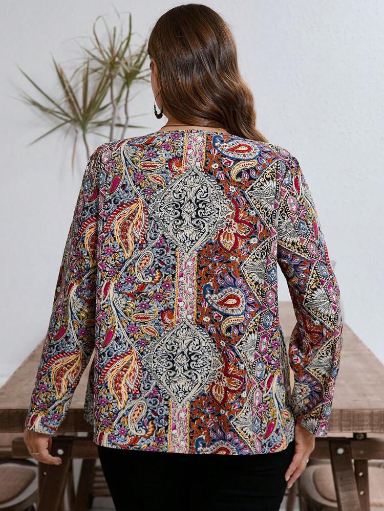 Plus Size Round Neck Long Sleeve Button Full Print Fashionable Elegant Elegant Fall Blouse
