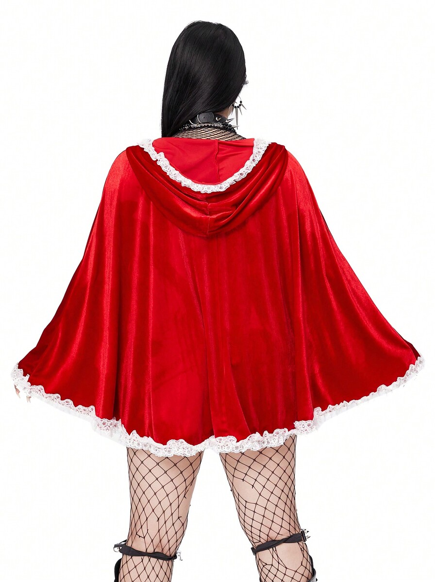 SHEIN Whyspr Red Velvet And White Lace Splice Short Christmas Hat Cape